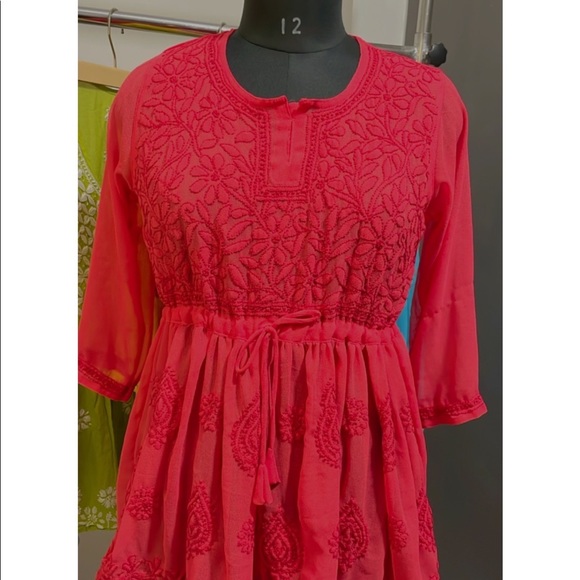 Red chikankari short gown - Picture 10 of 10
